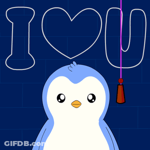 Penguin Holding Red Cone Near I Love You Sign GIF