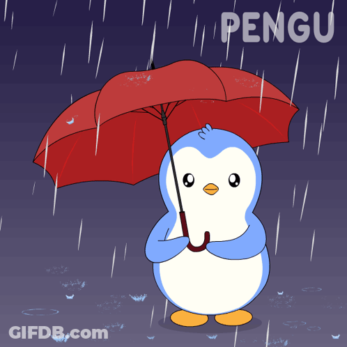 Penguin Holding Red Umbrella In Rain With Word Pengu GIF