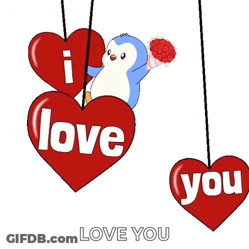 Penguin Holding Roses Hanging From Heart Saying I Love You GIF