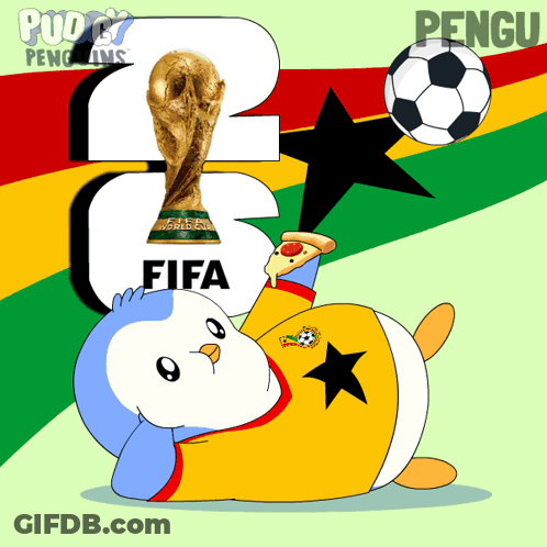 Penguin Holding Soccer Ball And FIFA Trophy GIF