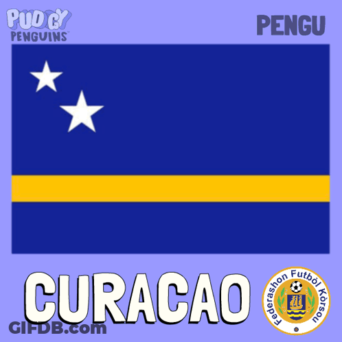Penguin Holding Soccer Ball In Front Of Blue And Yellow Flag GIF