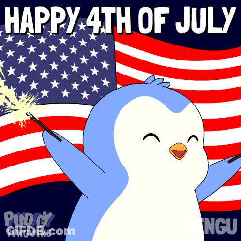 Penguin Holding Sparkler Near American Flag GIF