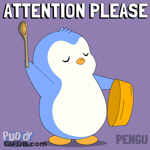 Penguin Holding Spoon Saying Attention Please GIF