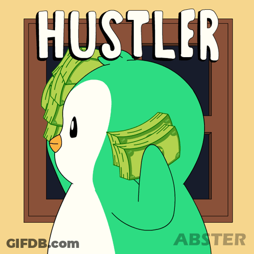 Penguin Holding Stack Of Money In Front Of Hustler Poster GIF