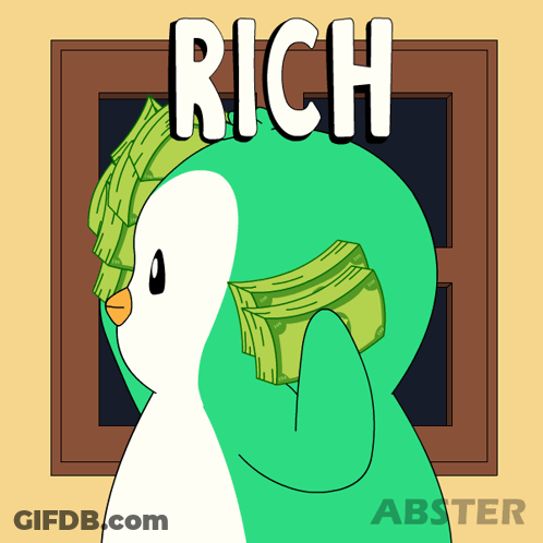 Penguin Holding Stack Of Money Saying Rich GIF