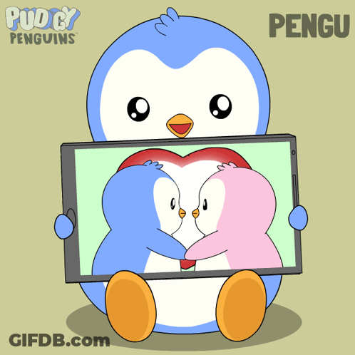 Penguin Holding Tablet With Two Penguins Kissing GIF