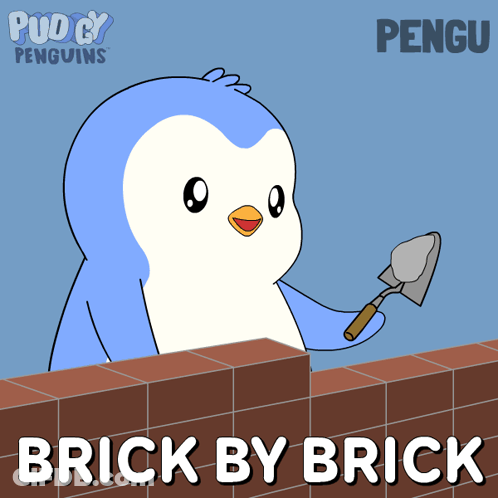 Penguin Holding Trowel Over Brick Wall Brick By Brick GIF