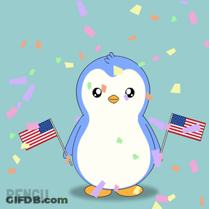 Penguin Holding Two American Flags With Confetti And Pengu GIF