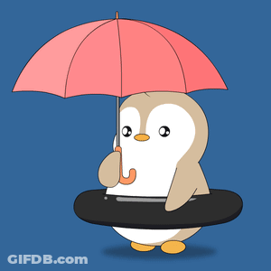 Penguin Holding Umbrella And Tire In Rain GIF