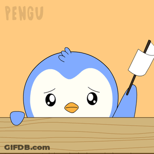 Penguin Holding White Flag Over Ledge GIF