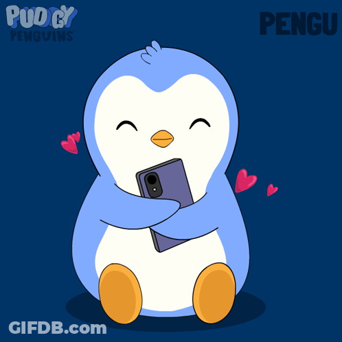 Penguin Hugging Cell Phone With Hearts And Word Pengu GIF