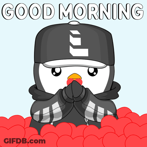 Penguin In Baseball Cap With Letter L Saying Good Morning Surrounded By Red Hearts GIF