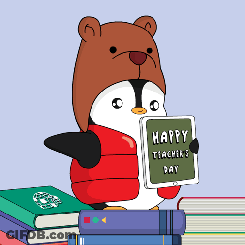 Penguin In Bear Hat Holding Happy Teacher's Day Tablet GIF