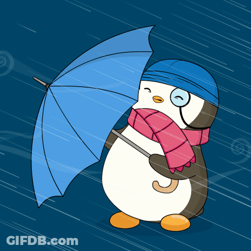 Penguin In Blue Hat And Scarf Holding Umbrella GIF