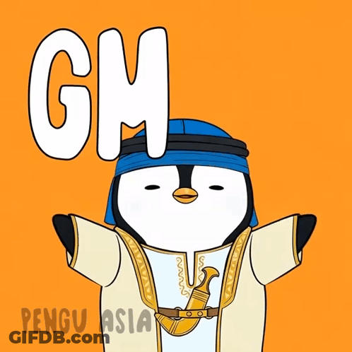 Penguin In Blue Hat And White Shirt Saying Gm GIF