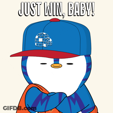 Penguin In Blue Hat With Globe Says Just Win Baby GIF