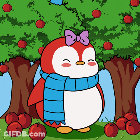 Penguin In Blue Scarf And Purple Bow In Front Of Apple Tree GIF