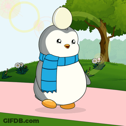 Penguin In Blue Scarf And White Ball On Head GIF
