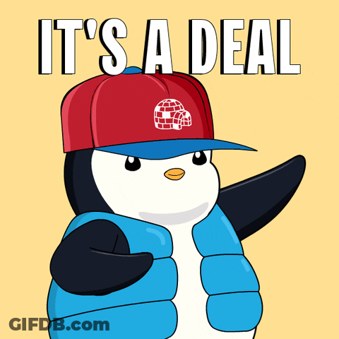 Penguin In Blue Vest And Red Hat Saying It's A Deal GIF