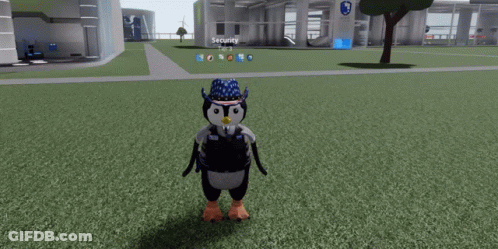 Penguin In Blue White Red Hat At Security Building GIF