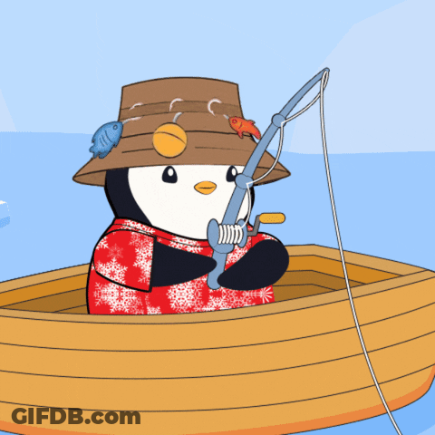 Penguin In Boat Holding Fishing Rod With Fish GIF