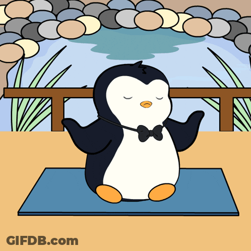 Penguin In Bow Tie On Yoga Mat Eyes Closed GIF