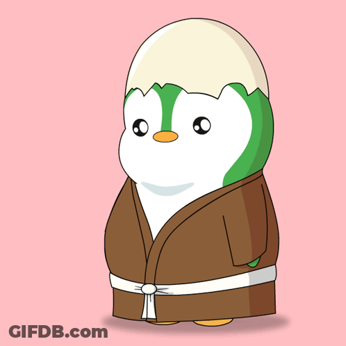 Penguin In Brown Robe With Egg On Head GIF