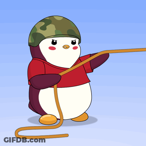 Penguin In Camo Helmet And Red Shirt Pulling Rope GIF