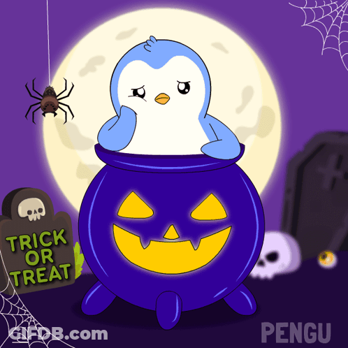 Penguin In Cauldron Trick Or Treat Gravestone GIF