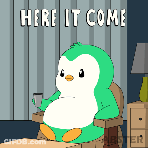 Penguin In Chair Holding Cup Here It Come GIF