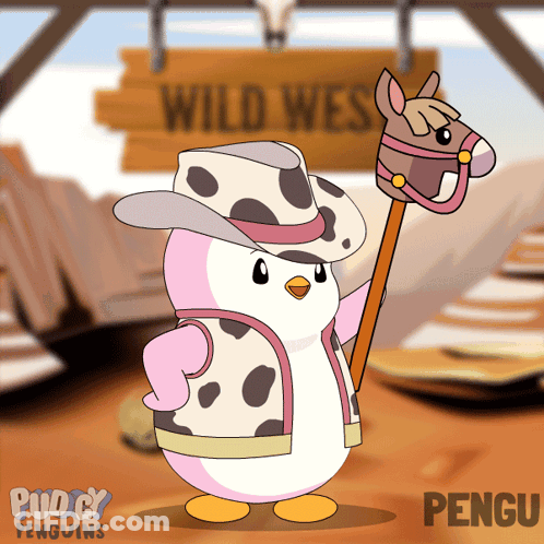 Penguin In Cowboy Hat Holding Stick With Wild West Sign GIF