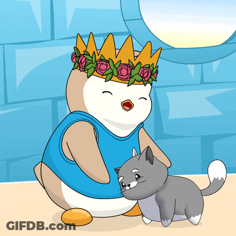 Penguin In Crown And Blue Shirt Holding Cat GIF