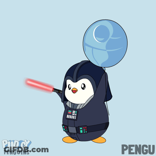Penguin In Darth Vader Costume Holding Balloon GIF