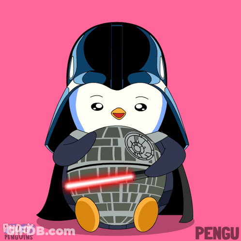 Penguin In Darth Vader Helmet Holding Death Star GIF