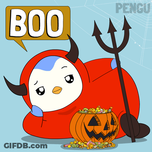 Penguin In Devil Costume With Trident And Pumpkin GIF