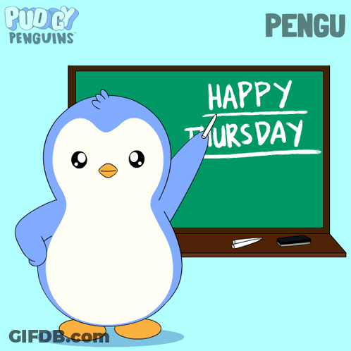 Penguin In Front Of Blackboard Saying Happy Thursday GIF