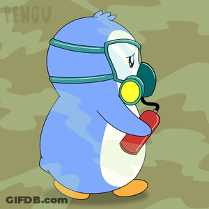 Penguin In Gas Mask Holding Fire Extinguisher GIF