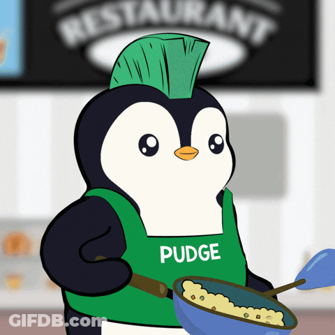 Penguin In Green Apron Saying Pudge GIF