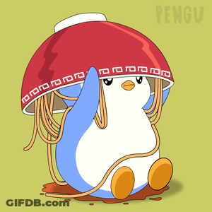 Penguin In Green Apron Saying Pudge GIF
