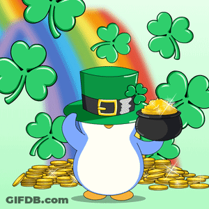 Penguin In Green Hat Holding Pot Of Gold GIF