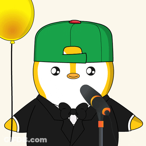 Penguin In Green Hat Holding Yellow Balloon And Microphone GIF