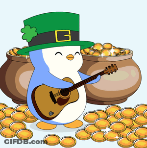 Penguin In Green Hat Playing Guitar With Pots Of Gold GIF
