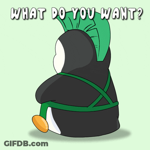 Penguin In Green Mohawk And Green Apron What Do You Want GIF