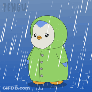 Penguin In Green Raincoat In Rain GIF
