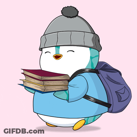 Penguin In Hat And Backpack Holding Books GIF