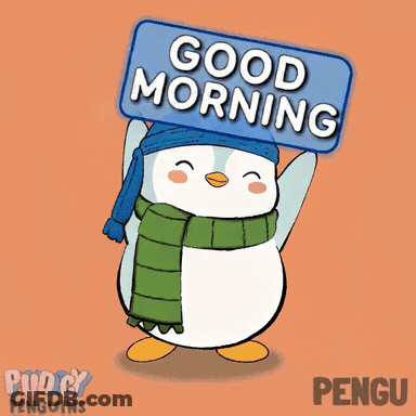 Penguin In Hat And Scarf Holding Good Morning Sign GIF