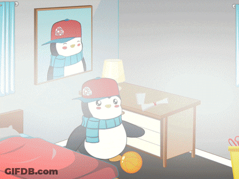 Penguin In Hat And Scarf Next To Bed GIF