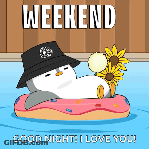 Penguin In Hat Floating On Donut In Pool GIF