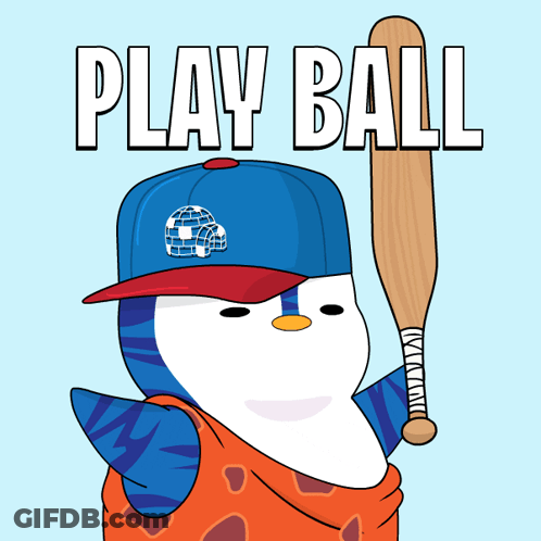 Penguin In Hat Holding Baseball Bat Saying Play Ball GIF