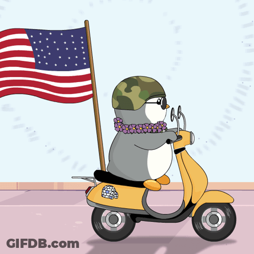 Penguin In Helmet And Sunglasses Riding Scooter With American Flag GIF